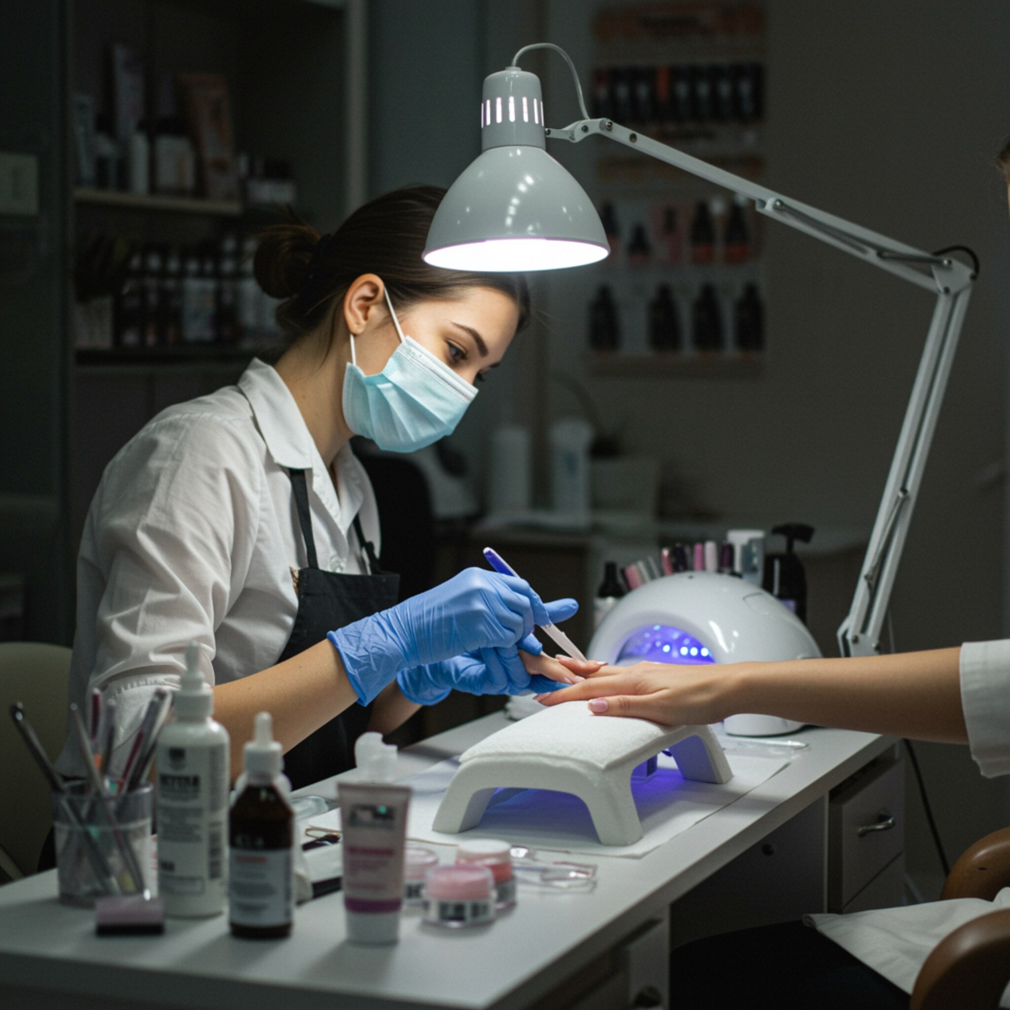 imagen1 1 "Interior moderno de salón de uñas con estación de manicura organizada y herramientas esterilizadas, resaltando la transparencia y confianza en el servicio de uñas acrílicas y gel."